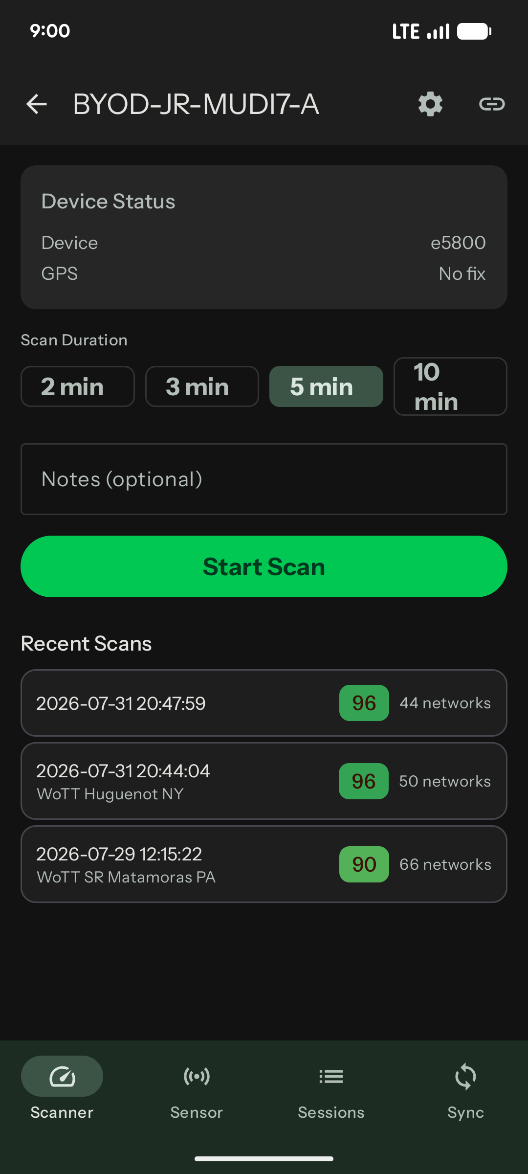 SurfScan app connected to a GL.iNet Mudi 7 router named BYOD-JR-MUDI7-A, showing recent scans with SurfScores of 96, 96, and 90