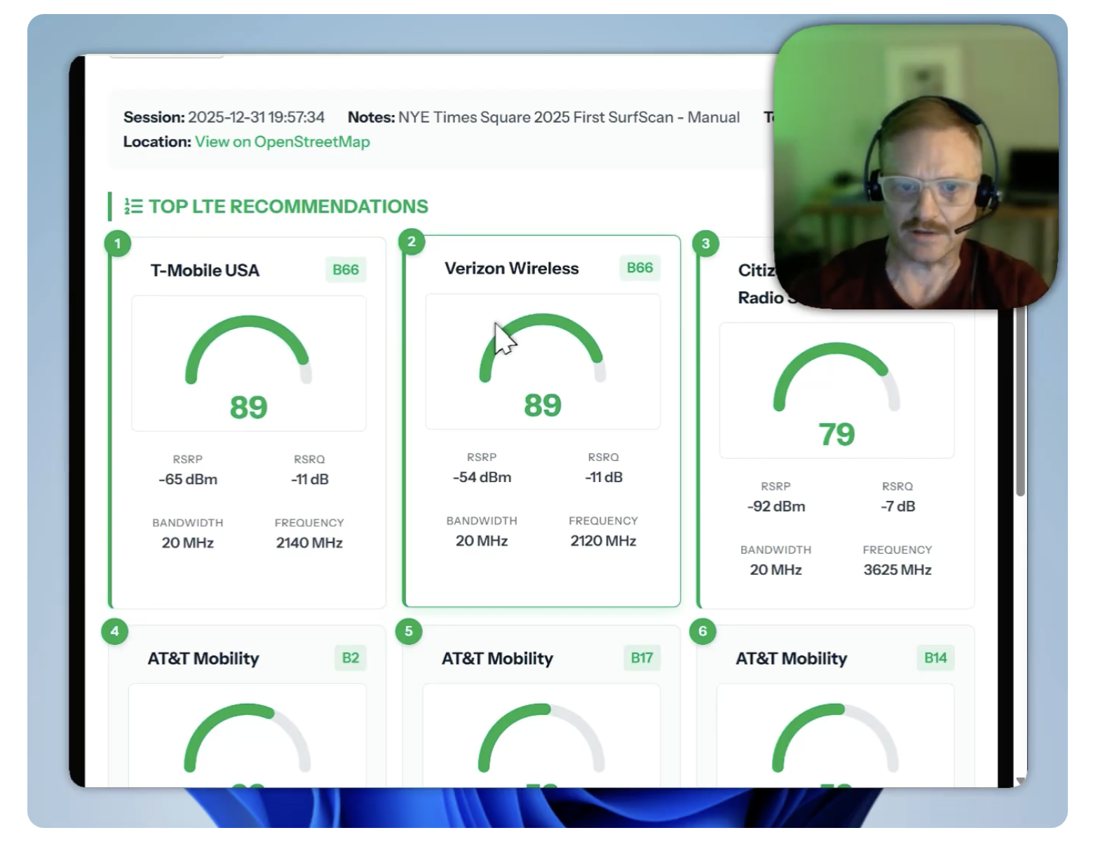 SurfScore report showing carrier comparison at Times Square - T-Mobile 245 MHz, Verizon 130 MHz, AT&T 110 MHz