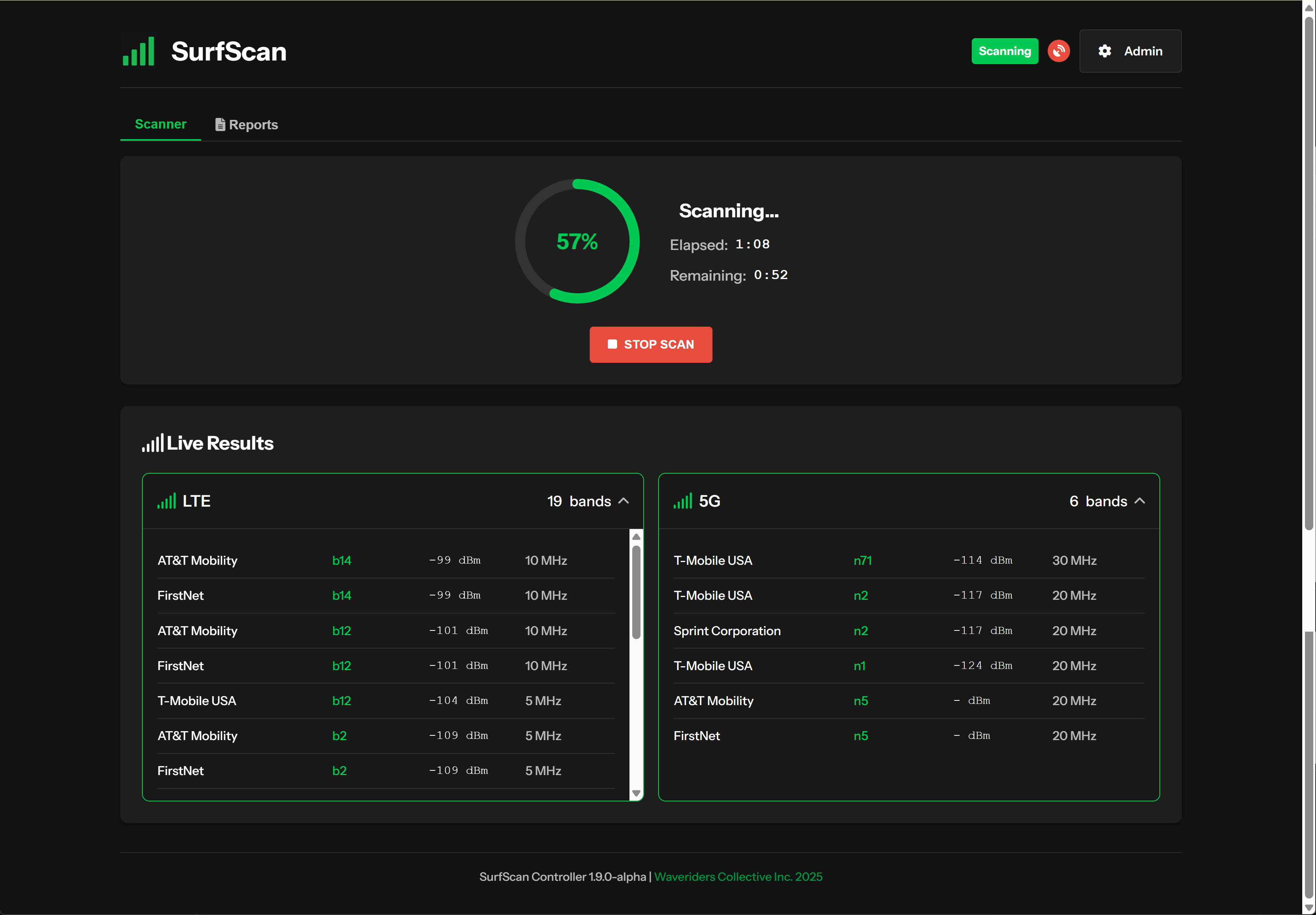 SurfScan live scanning interface showing real-time progress