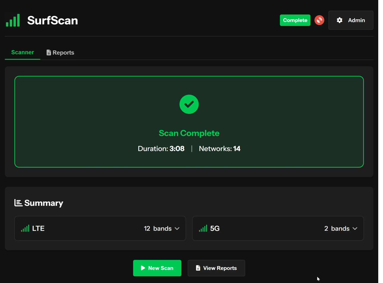 SurfScan scan complete showing 14 networks detected, 12 LTE bands, 2 5G bands